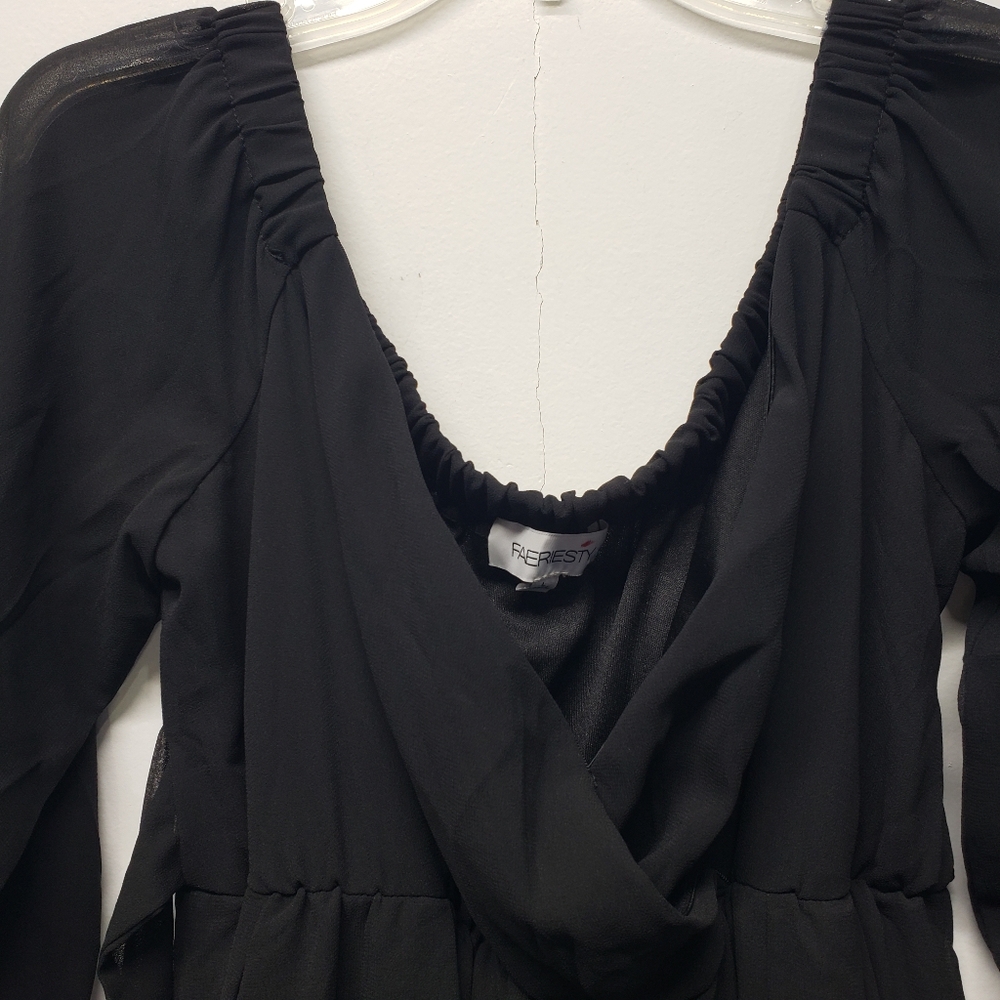 FAERIESTY Maxi Dress Size L Black Babydoll Sheer Sleeves Formal Flowy Evening - Picture 7 of 16